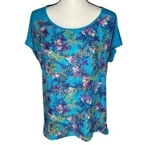 Relativity Top Turquoise Blue Floral Print Hi-Lo Hem Short Sleeve Blouse Size L